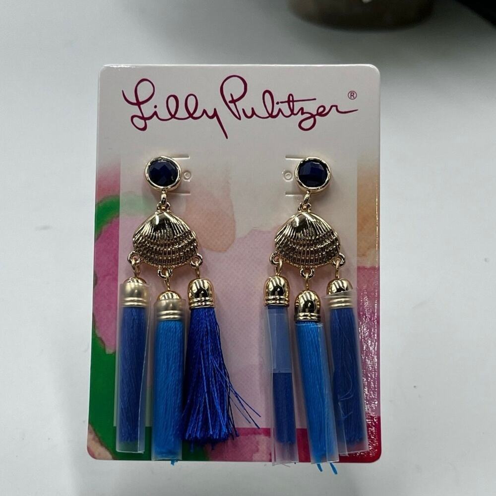 Lilly Pulitzer Seaside Capri‎ Blue Tassel Seashell Statement Earrings